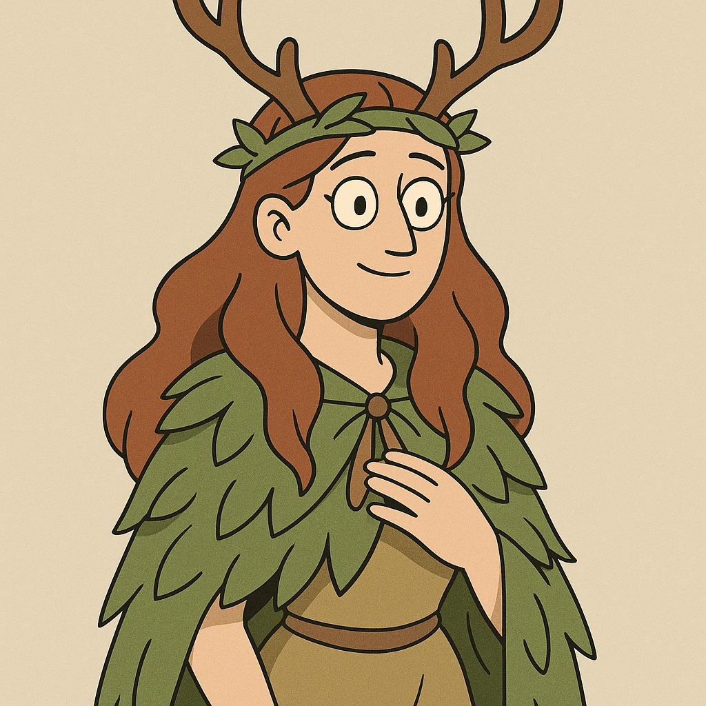 female druid with long hair, cartoon style, antler headdress, leafy cloak, gentle expression emoji