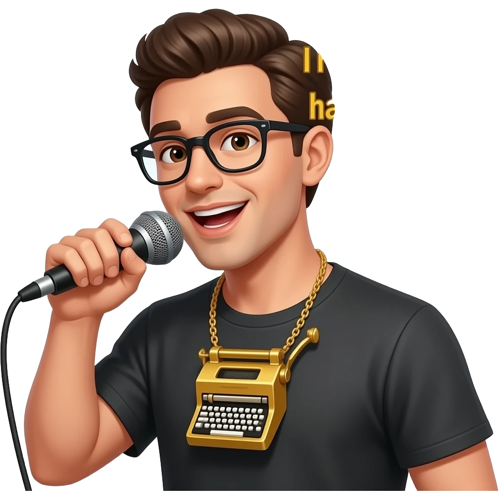 A nerdy person rapping and wearing a golden stenography machine for a necklace. Floating text indicates these lyrics: "But I doubt I roll lyrics as I have to girls!!"
 emoji