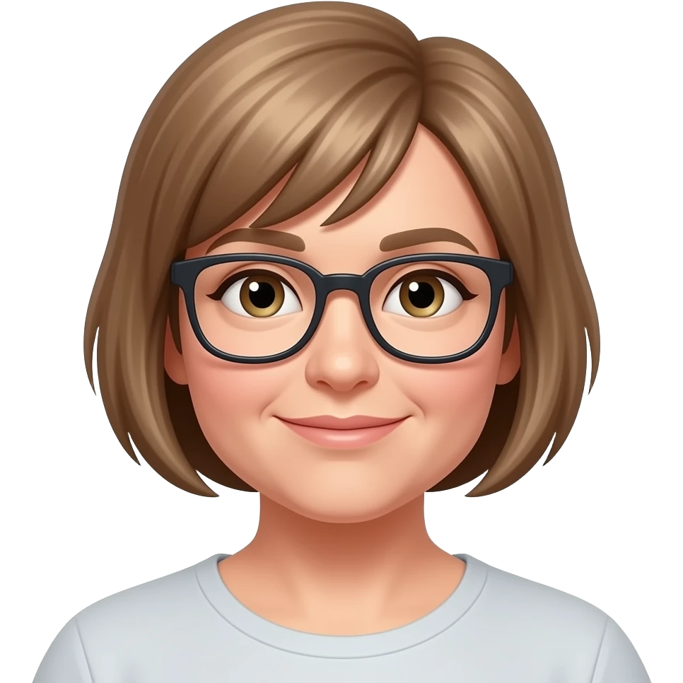A 51-year-old woman who is slightly overweight, with short, boyish light brown hair, wears glasses, and loves to cook emoji