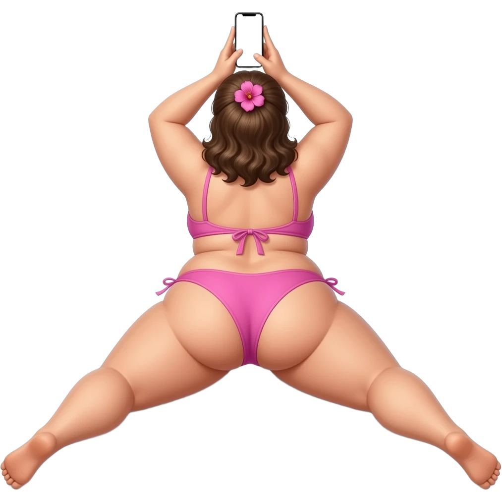 Caucasian woman obese, big booty, showing back, its pink bikini massive thighs, while wearing a pink flower on her head, while laying facing away from us, while watching on its phone, a white screen and the camera is facing at her, left buttock legs spread an red hand print on left buttock emoji