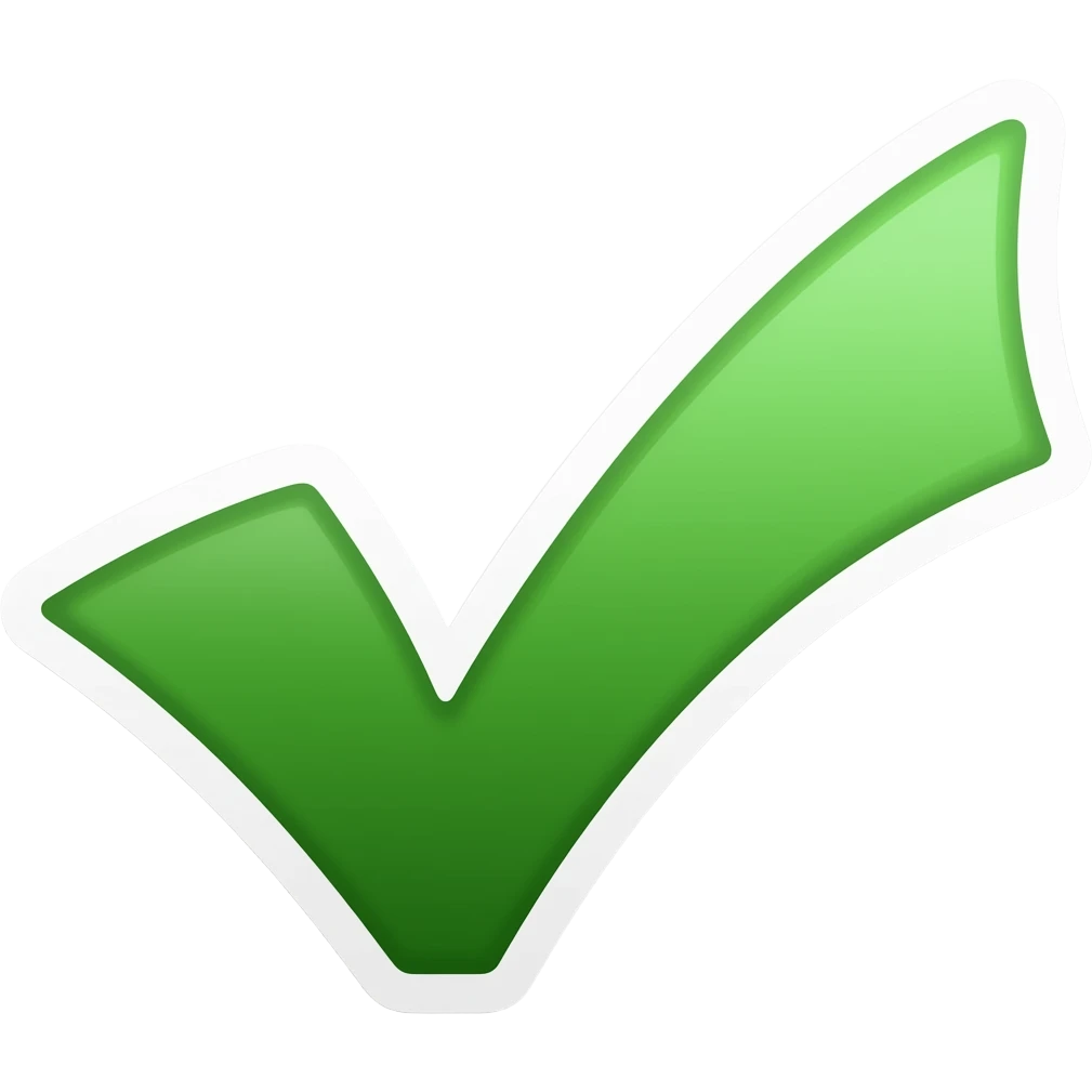 Simple and minimalistic sticker of green tick mark, white outline, smooth gradients or solid colours emoji