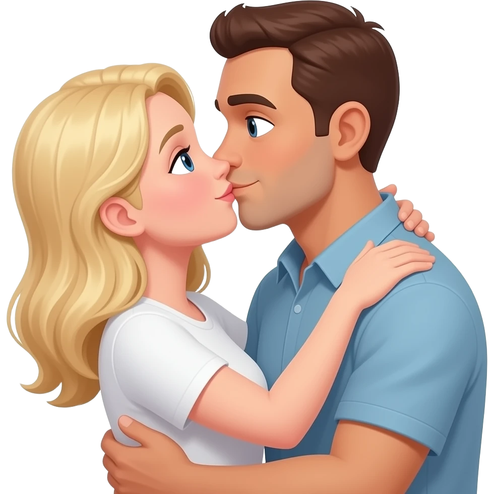 Short Blond short haired white woman & taller bald brown man hugging looking into eachothers eyes kissing emoji