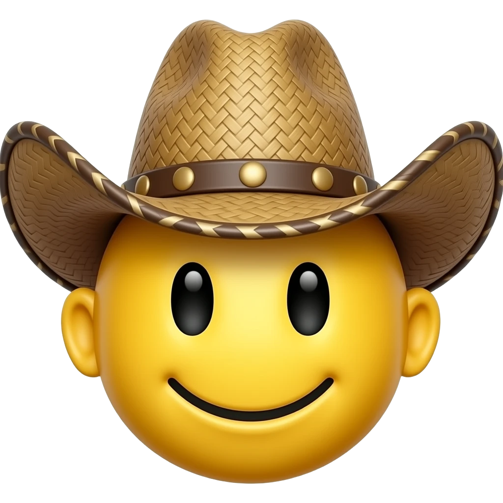 Yellow circle with no nose and eyebrows  and ears having a fancy cowboy hat smiling emoji