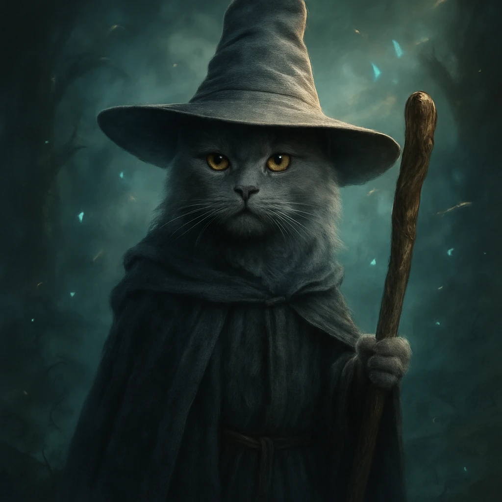 gray cat wearing Gandalf's hat, holding a staff, fantasy atmosphere emoji