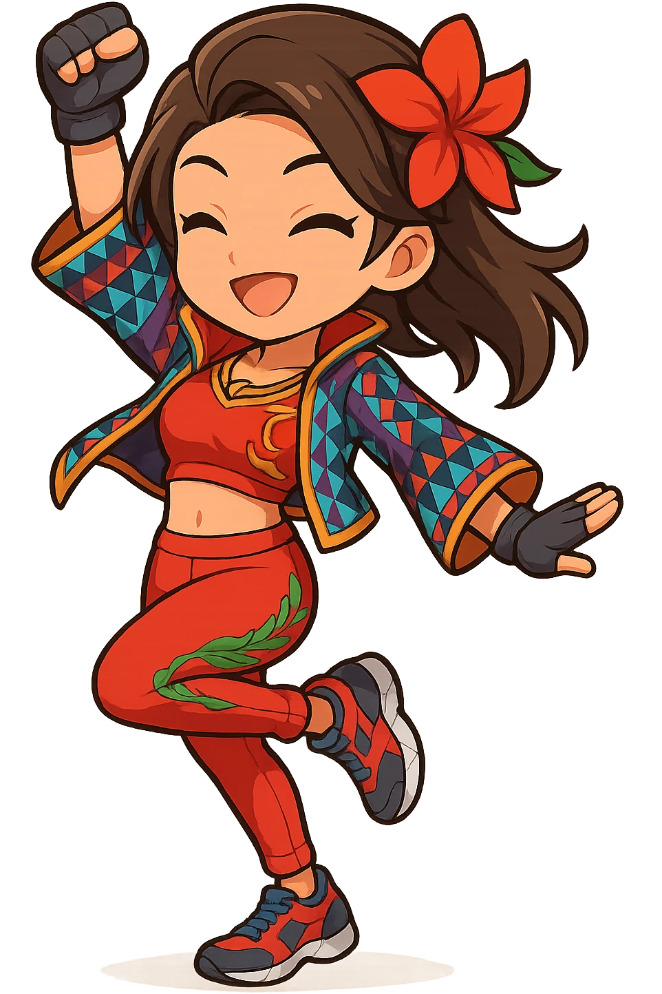 Azucena from Tekken 8 in chibi sticker style, doing a dance pose, wearing the detailed red and patterned outfit from the reference images, designed for Twitch emote use. emoji