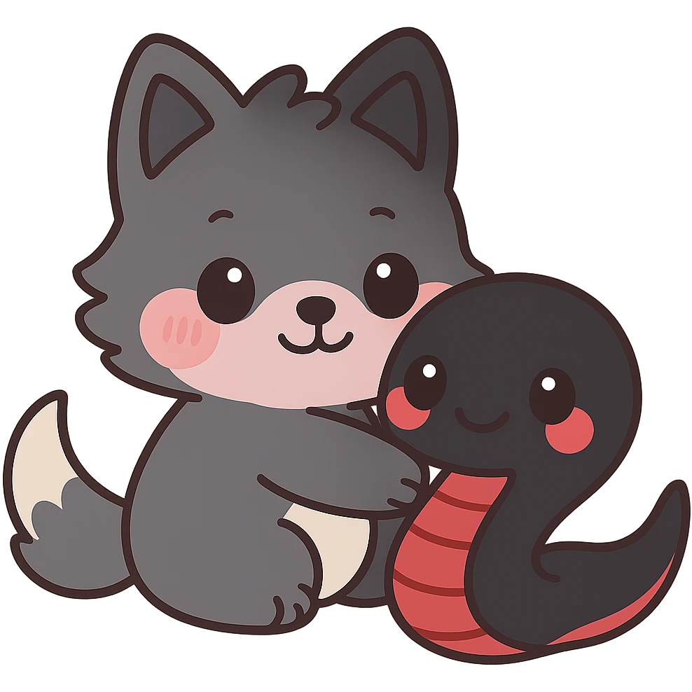 Make the snake larger, with a black body and red underbelly. The snake should be hugging the wolf back. Keep the kawaii style and ensure the background remains transparent. emoji