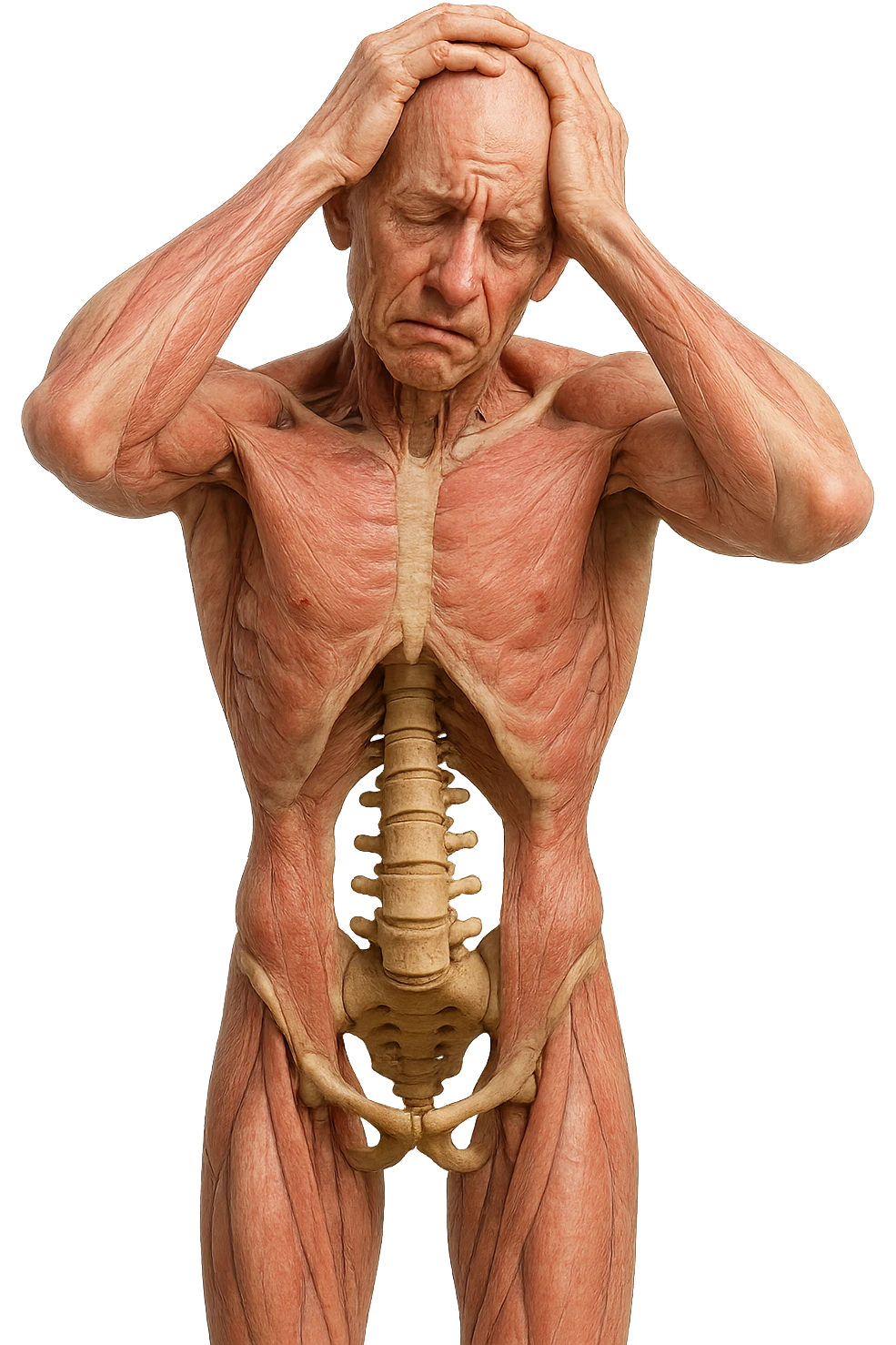 CORPO UMANO ANATOMICO con spina dorsale in evidenza, molto stanca e stressata mentre si tiene le mani sulla testa, IPERREALISTICO 4K emoji