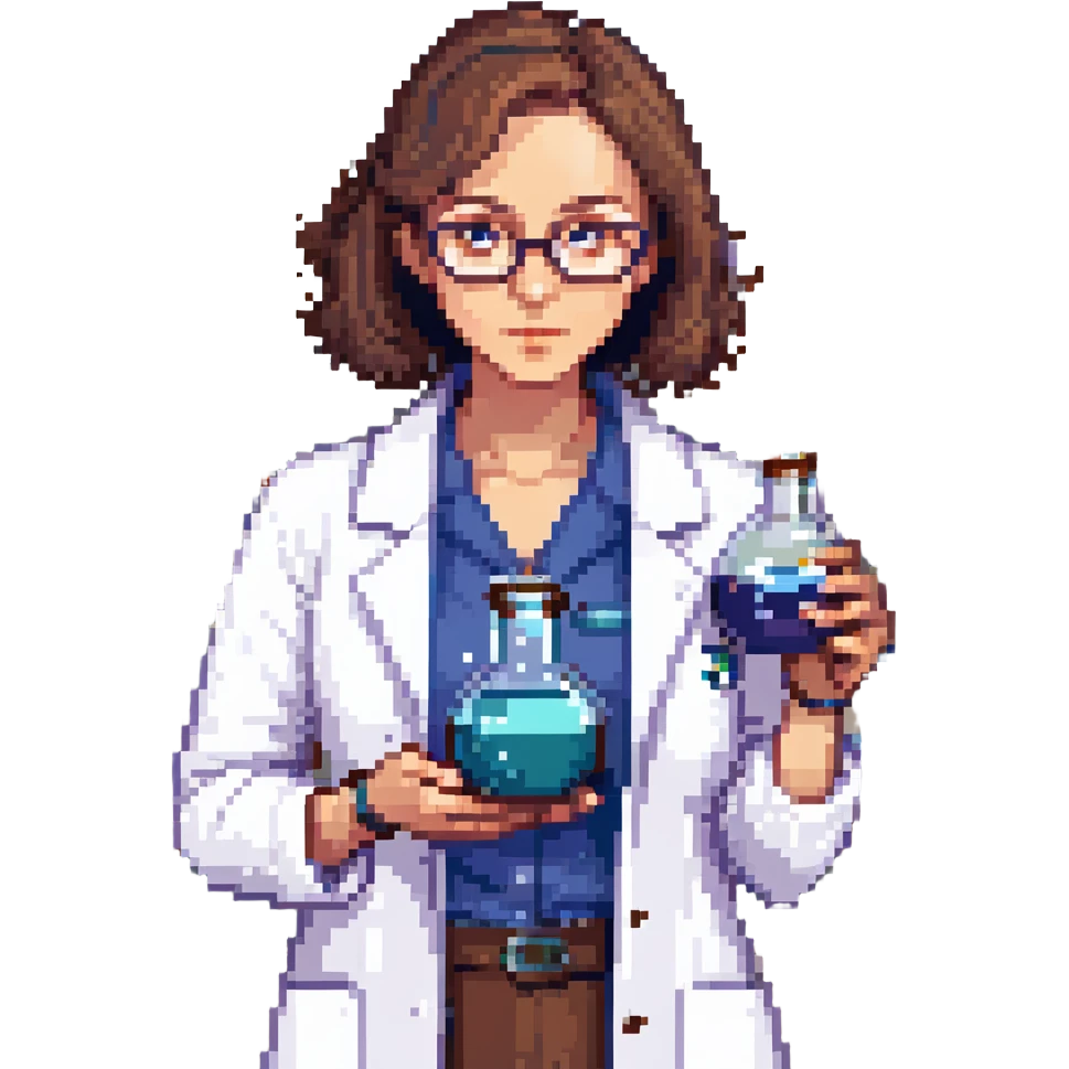 Flat pixel art, a female chemist, wearing glasses, white lab coat over indigo shirt, focusing on lab experiment, holding a flask in her right hand, waist-up, front-facing emoji