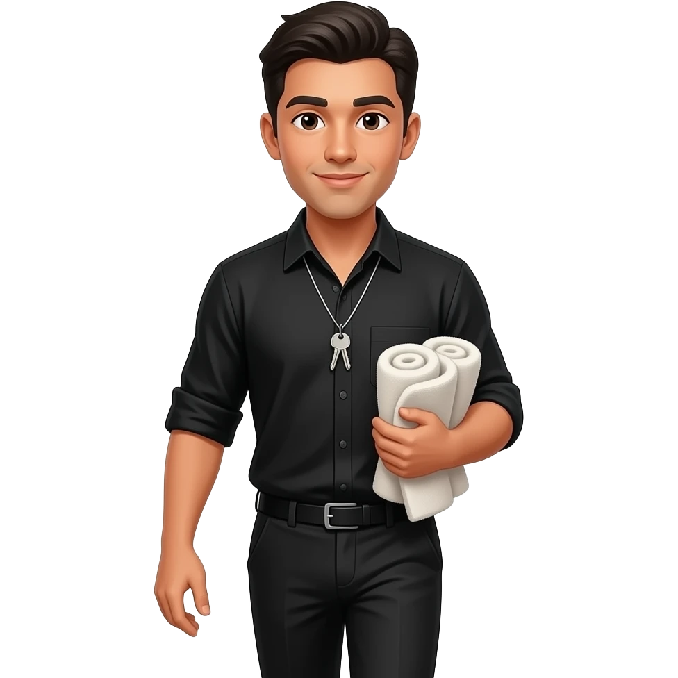 Handsome young ecuadorian guy in black shirt and black pants wearing keys around him walking with a bunch of towels in his hand emoji