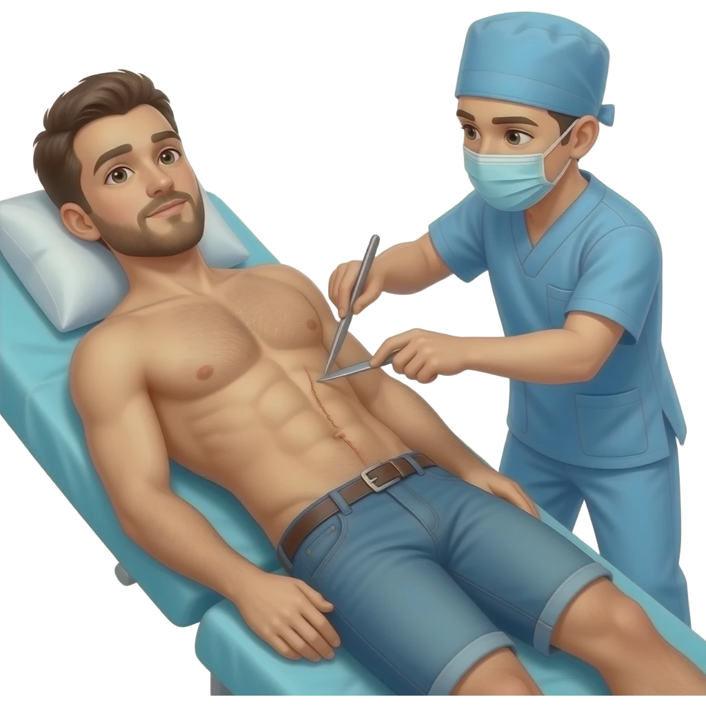 A guy about 23 years old, handsome, full-length, completely naked without panties, genitals, penis 20 cm, has six-pack abs, He has natural body hair on his arms, legs, and a faint line of hair below his navel. He lies in operating table . The surgeon uses a scalpel to make a cut in guy stomach. emoji