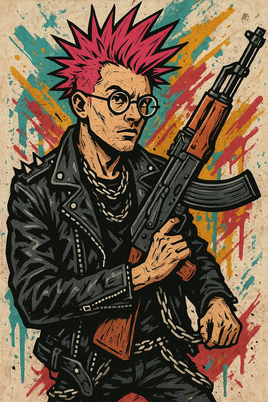 A punk guy with pink hair, wearing Harry Potter glasses, and holding an AK-47 emoji