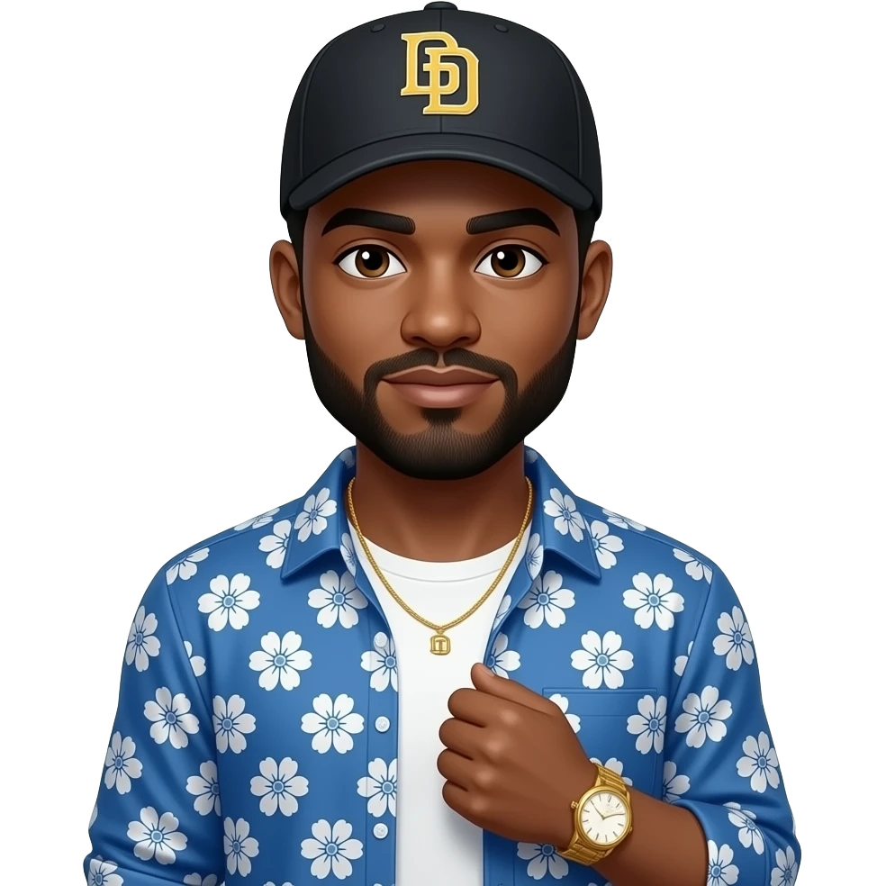 Light skin tone man with light shaved black beard and brown eyes wearing a blue long sleeve with white floral pattern designs on it button down shirt unbuttoned with a white t shirt wearing a gold tennis necklace wearing a gold wrist watch wearing a black San Diego Padres logo baseball cap emoji