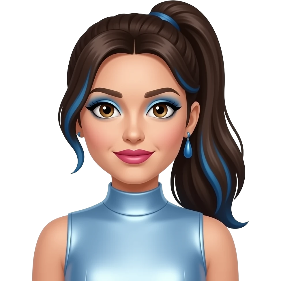 Melanie C from Spice Girls with hazel eyes, long dark brown high ponytail hair with blue highlights, light blue eyeshadow, hot pink lipstick, light blue metallic high neck dress, blue earrings emoji