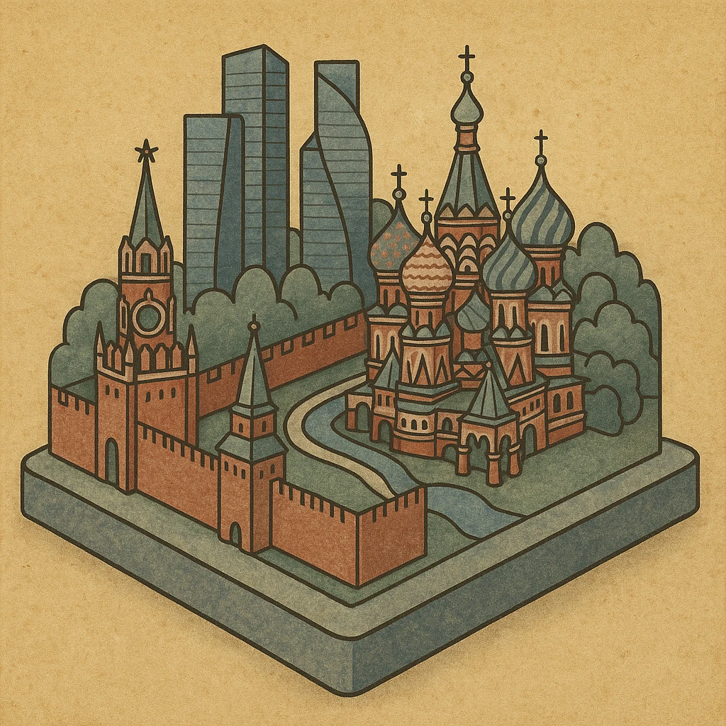 Изометричная миниатюрная 3D модель Москвы на подставке - фотореалистичный Кремль, собор Василия Блаженного, Башни Москва-Сити, аккуратная детализация, яркие цвета мультяшный реализм, компактная композиция,  вид сверху в изометрии emoji