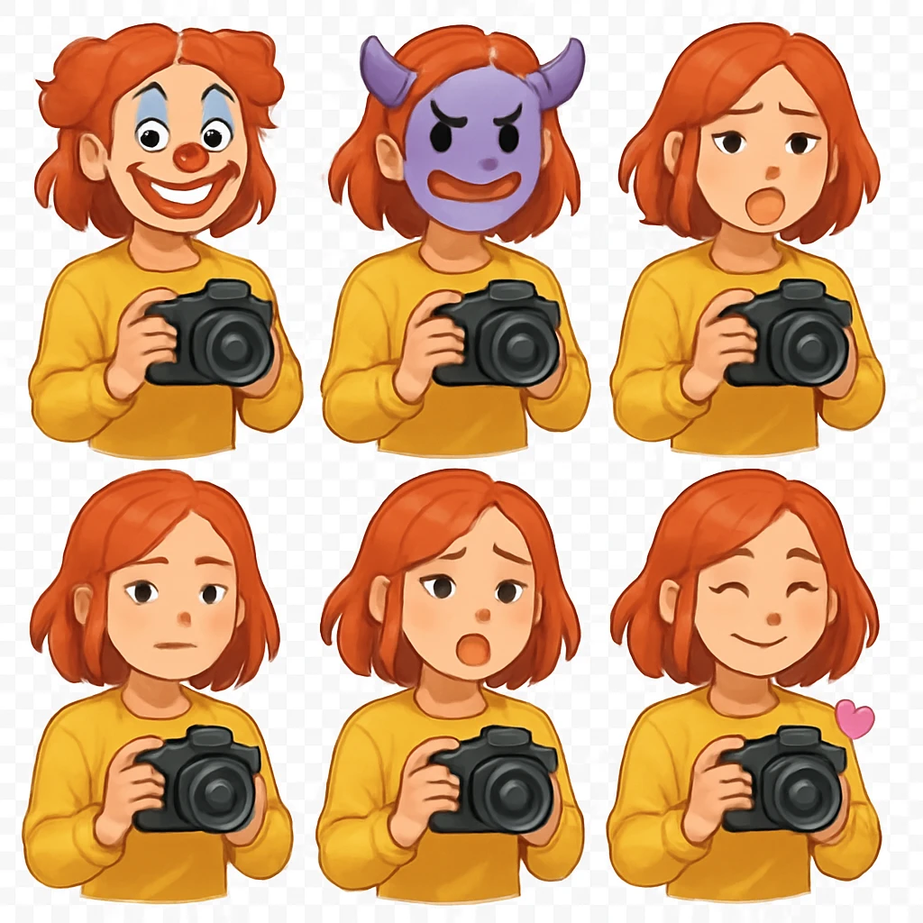 red hair woman with camera emoji