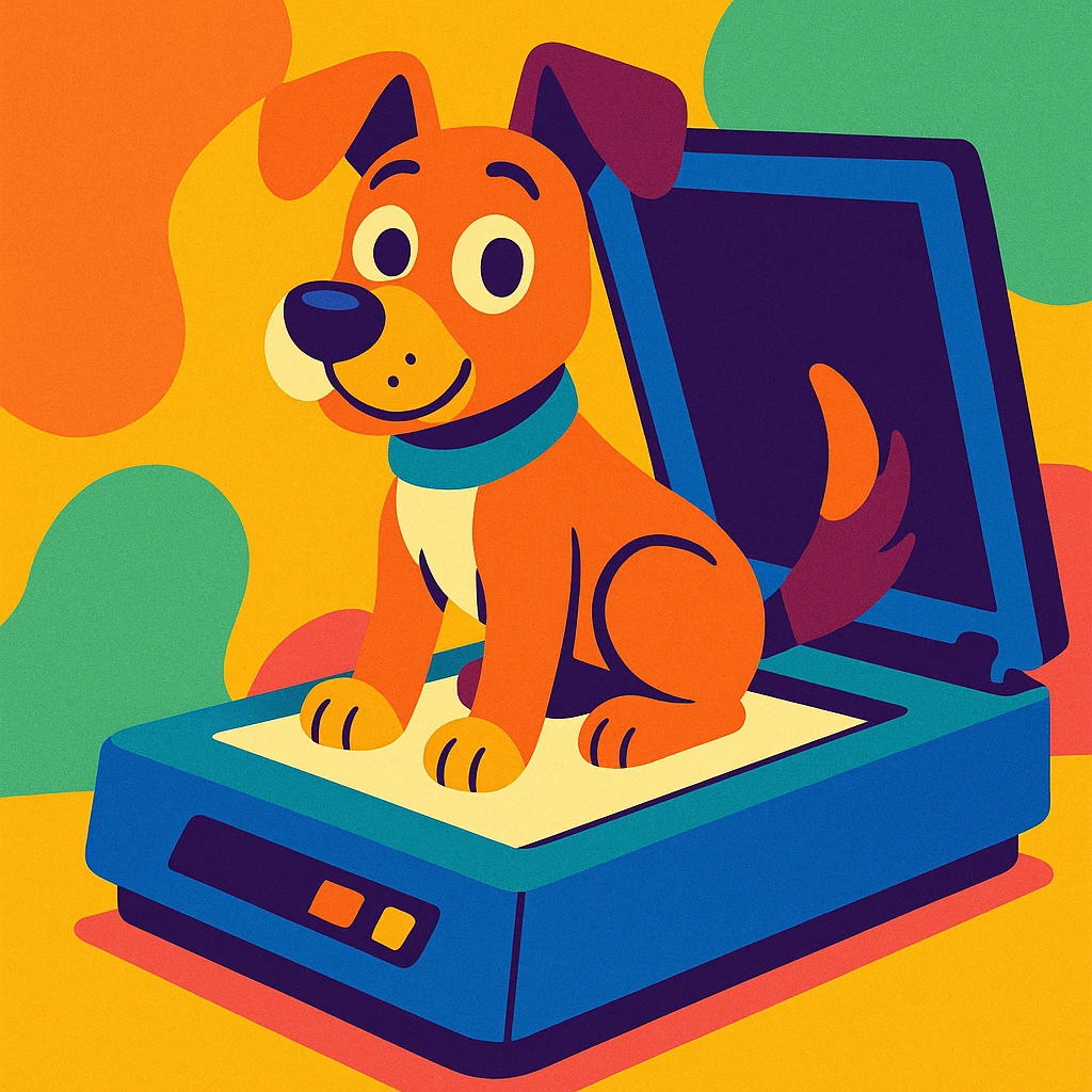 cartoon dog sitting on a flatbed scanner with scanner lid open, dog looking curious, playful and colorful style, as if about to be scanned emoji