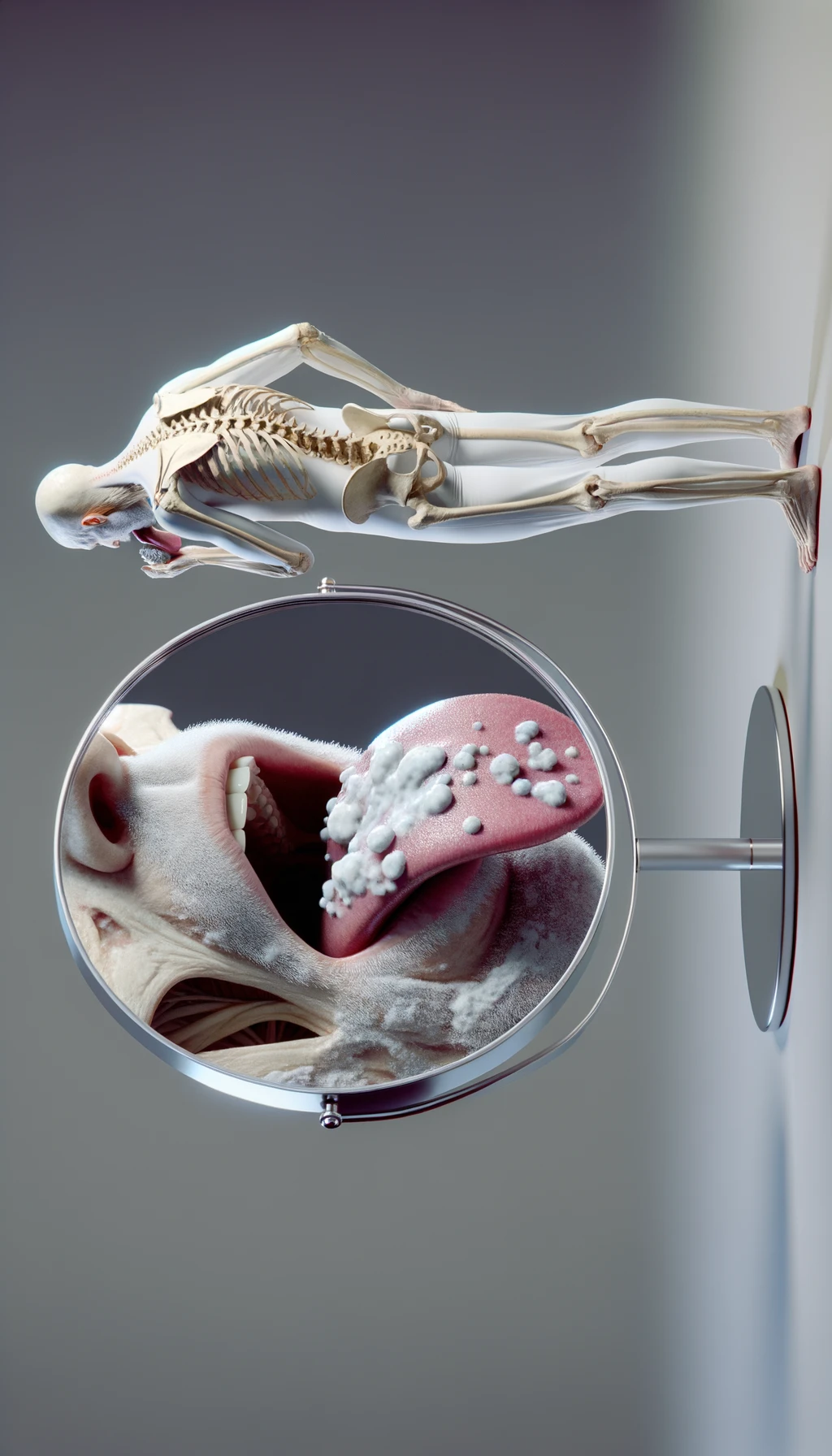 CORPO UMANO ANATOMICO IN PIEDI  A FIGURA INTERA CHE SI GUARDA LA LINGUA ALLO SPECCHIO , TIENE LA LINGUA FUORI E LA LINGUA è PIENA DI MACCHIE BIANCASTRE, NEUTRAL CLEAR BACKGROUND, iperrealistico 4k emoji