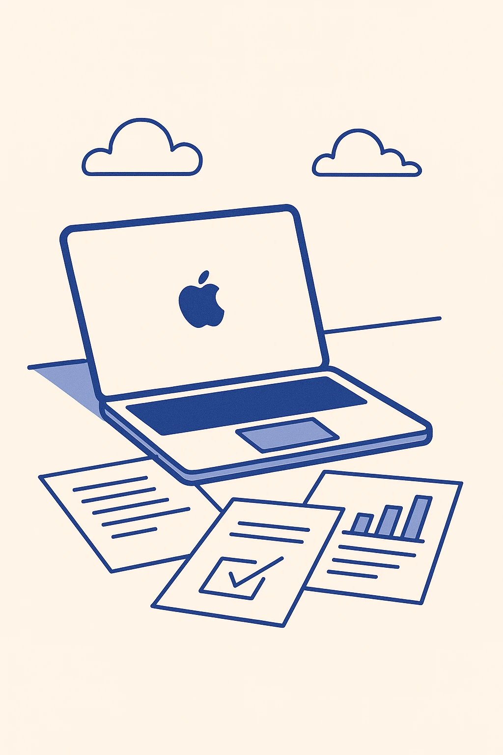 a MacBook laptop on a desk with work papers, clean modern illustration style emoji