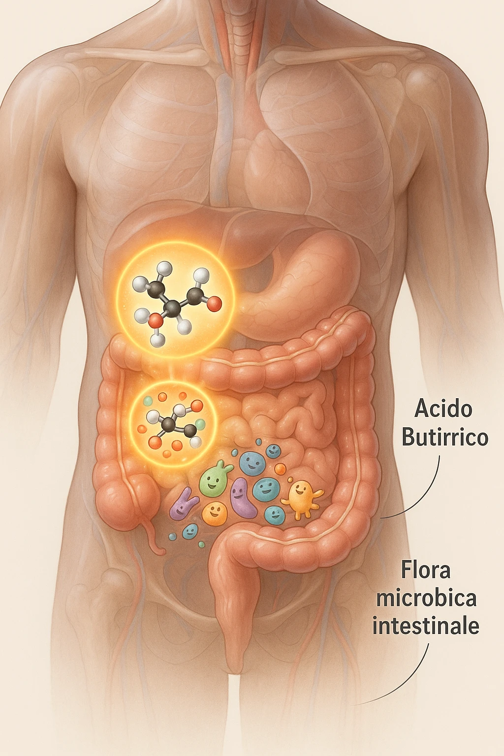 Realistic, vertical 3D medical illustration showing a semi-transparent human torso with a detailed view of the digestive tract, focusing on the large intestine. Inside the colon, glowing 3D molecules of butyric acid (acido butirrico) are visible, depicted as ball-and-stick models (carbon: black/gray, hydrogen: white, oxygen: red). Around the molecules, clusters of diverse, friendly-looking gut bacteria are shown, interacting positively with the butyric acid. The intestinal wall appears healthy and vibrant, with subtle highlights indicating improved gut health. The background is clean and softly lit, with clear educational labels such as “Acido Butirrico” and “Flora microbica intestinale.” The overall mood is scientific, modern, and supportive of gut wellness. emoji