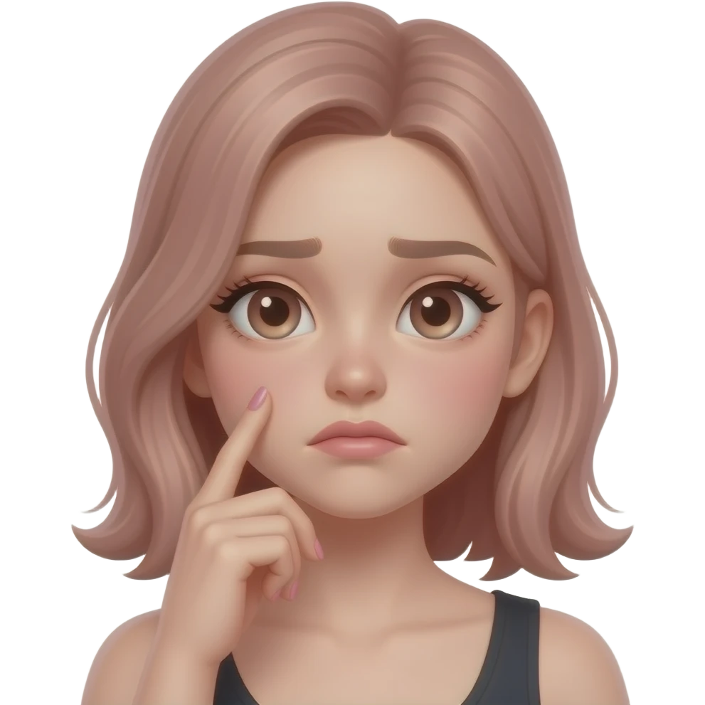 aesthetic emoji girl, indessition expression, trendy nail art, soft pink and nude tones, minimal makeup, clean background, soft lighting, girly aesthetic, 3D emoji style, high detail emoji