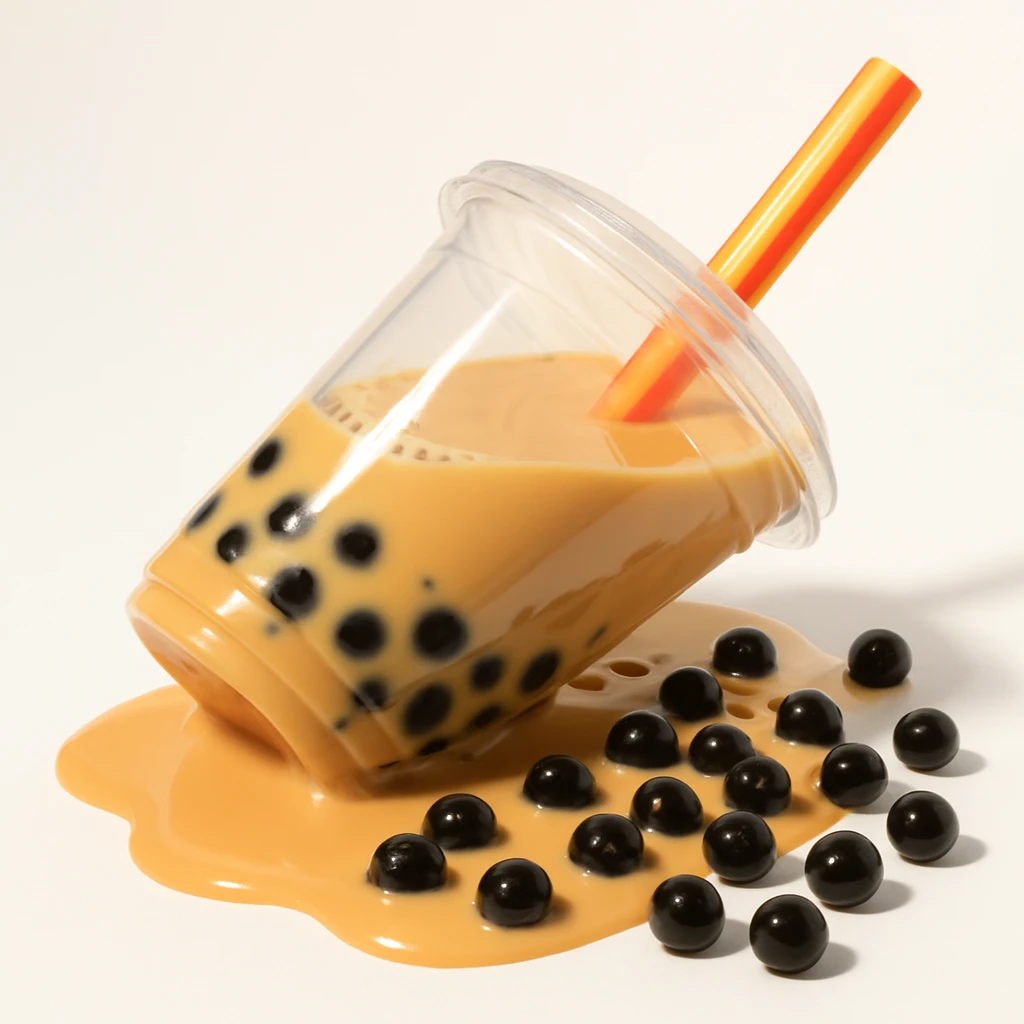 boba tea cup tipped over on its side, spilling tapioca pearls and tea, playful and clear composition emoji