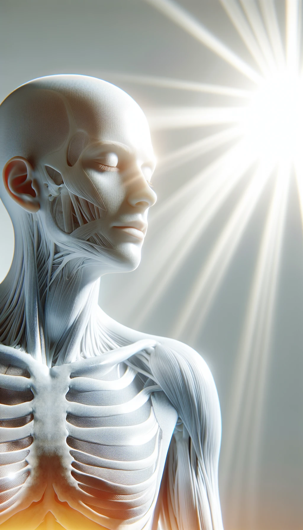 un corpo umano anatomico è illuminato dalla luce del sole e ha gli occhi chiusi in un espressione serena, l'immagine rappresenta l'importanza del sole e i suoi benefici sul corpo umano, sfondo neutro chiaro, iperrealistico 4k emoji