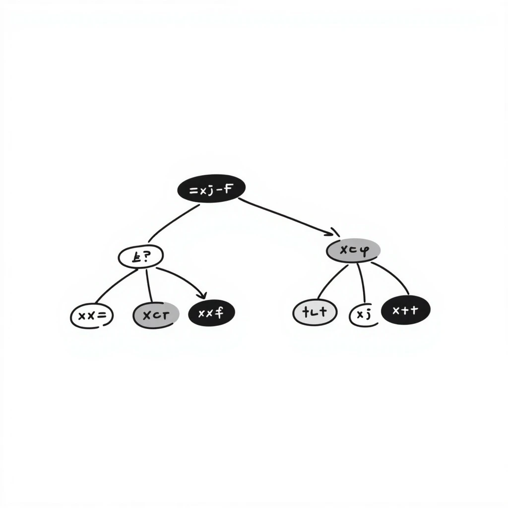 hand drawn decision tree with programming symbols like brackets variables in the nodes emoji