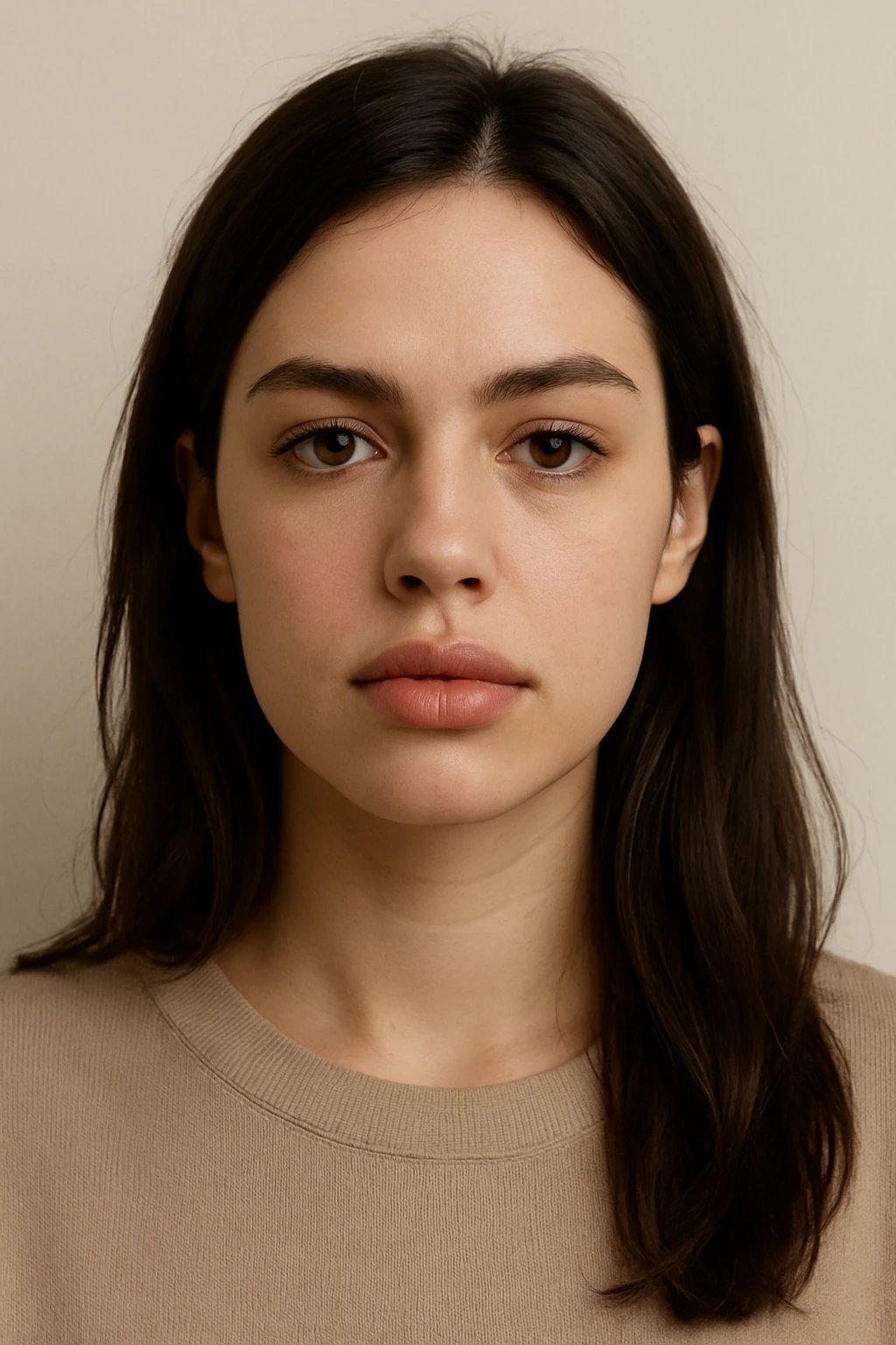 portrait of a brunette woman with puffy lips, neutral expression, simple background emoji