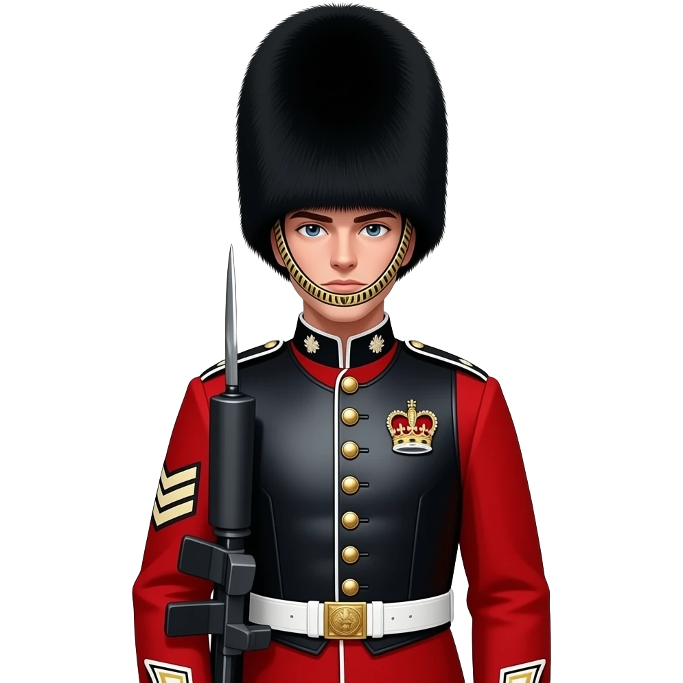 British royal guard in red uniform with iconic tall black hat, London palace style emoji