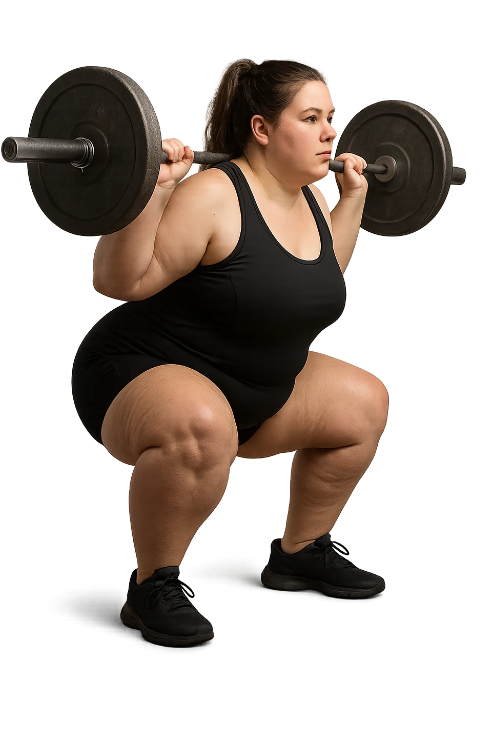 donna leggermente in sovrappeso con lipedema alle gambe che fa uno squat di profilo con bilanciere, IPERREALISTICA 4K emoji