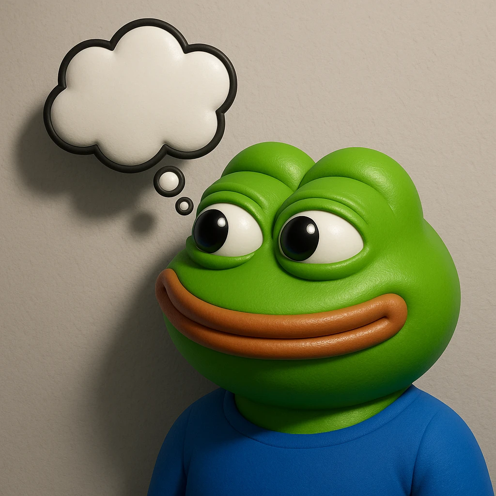 make a pepe in bright green smiling with thought bubble looking at right side in 3d style, good highlights and shadows, drop shadows emoji