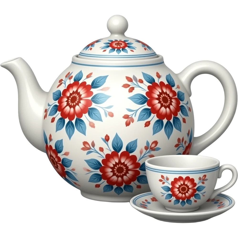 Classic teapot and teacup in red, blue, and white, British tea time emoji