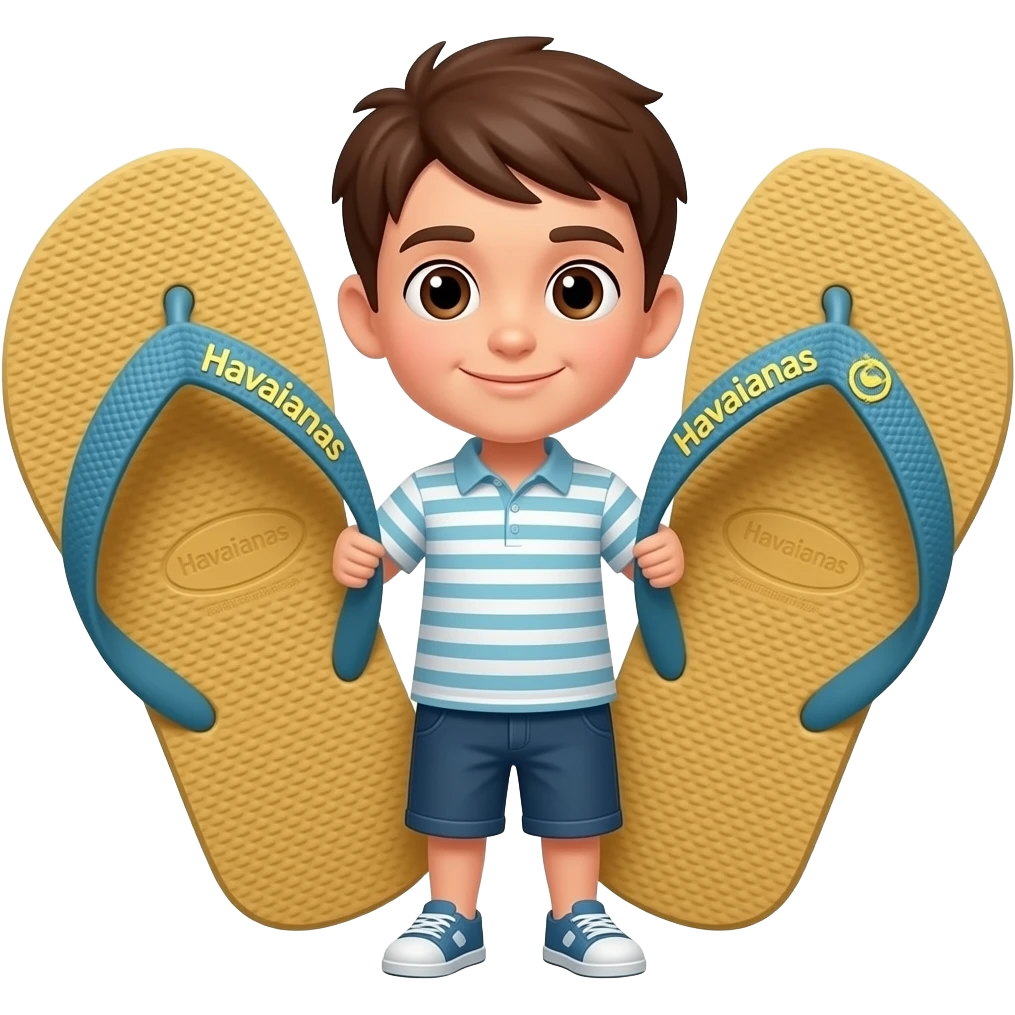Um menino levando uma xinelada da mãe dele e ele está levando essa pisa com uma chinela havaianas embaixo da chinela está escrita havaianas e em cima também emoji