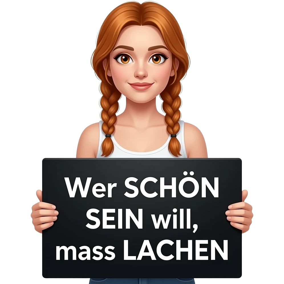 sexy girl with long ginger braids and ginger eyes wearing a white tanktop is holding a big black sign with Wer SCHÖN SEIN will, muss LACHEN written on it emoji