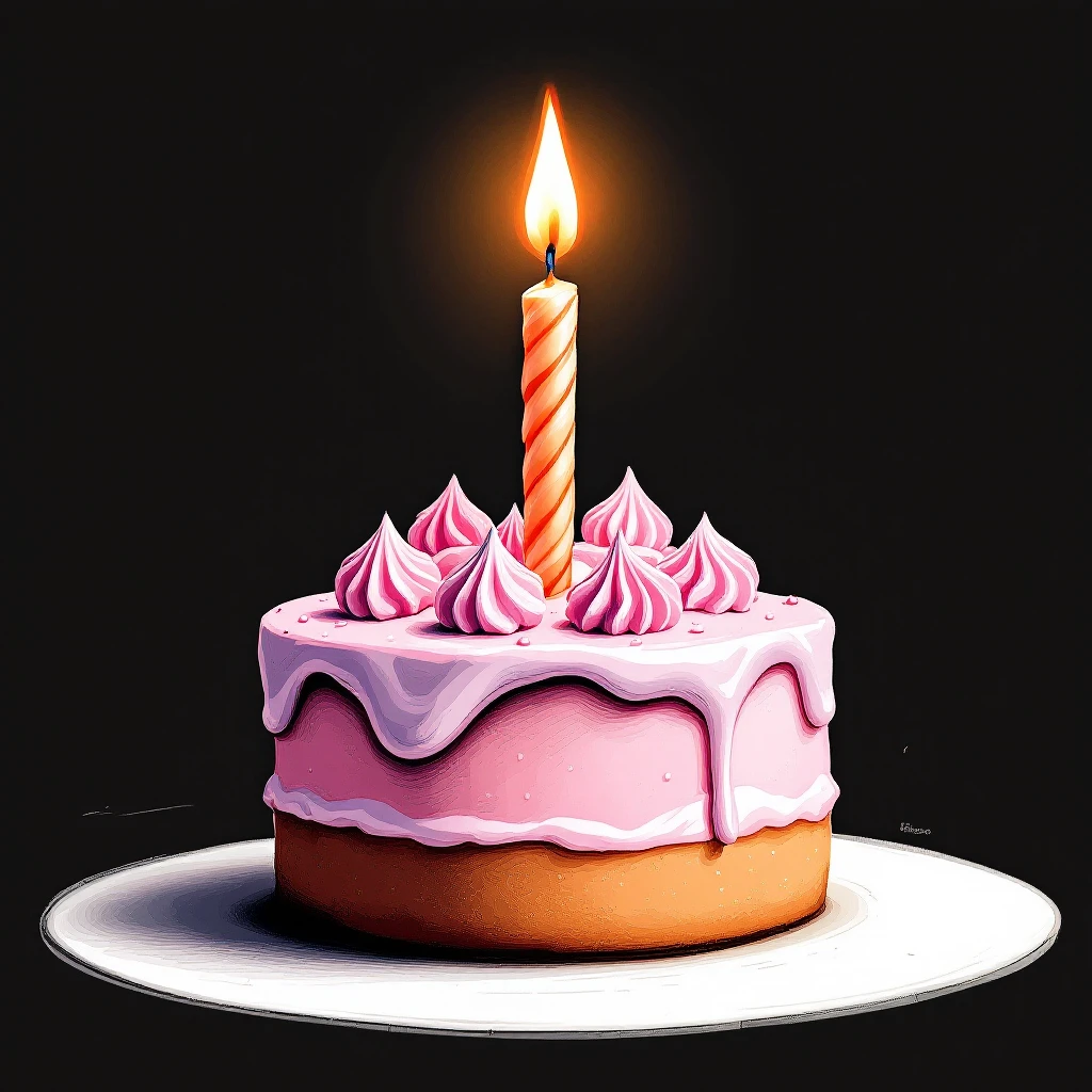 Draw a birthday cake with pink cream and a single candle emoji