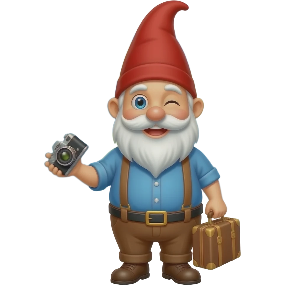 A smiling traveling Gnome with a camera, carrying a suitcase, wearing brown pants has a white beard , blue eye, blue shirt and a red pointed hair, suspenders and the world and plane in the background emoji