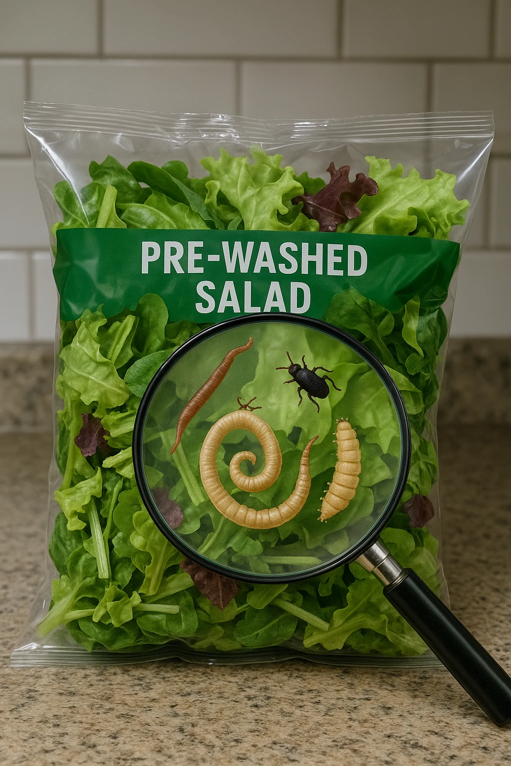 Insalata in busta ricca di pa transparent plastic bag of pre-washed salad sits on a kitchen counter. Through the bag, small, detailed images of various parasites (such as worms, larvae, or microscopic bugs) are visible among the lettuce leaves. A magnifying glass hovers over the bag, enlarging the parasites for emphasis. The mood is cautionary and educational.arassiti emoji