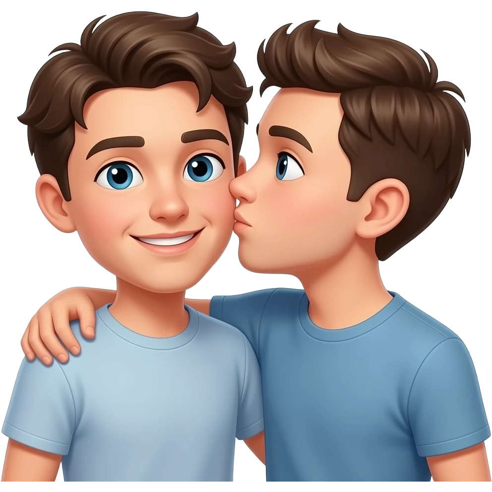 Erstelle ein Emoji von zwei Brüder, der eine um die 19 und der andere um die 22, der älter Bruder legt sein Arm über sein jüngeren Bruder und küsst ihn auf die Wange und sie sind Oberkörper frei emoji