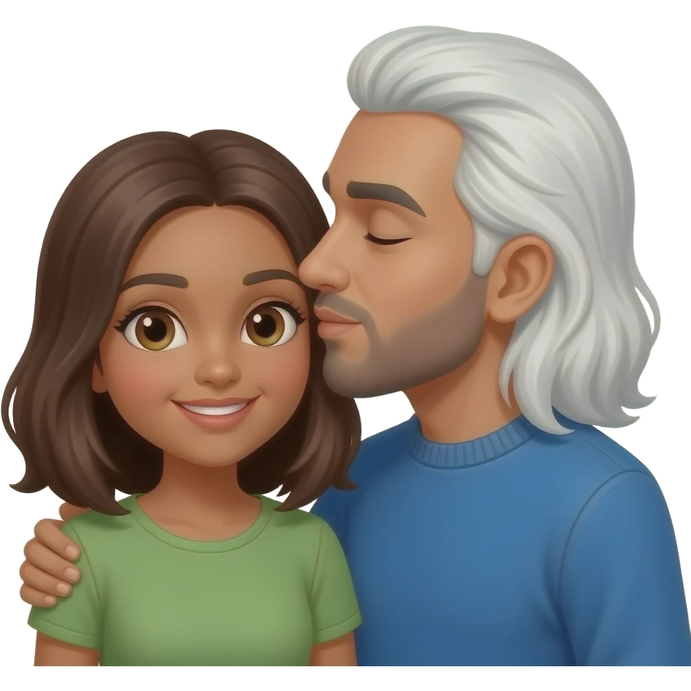 Brown Pakistani man with no facial hair, long white shoulder-length hair, wearing a blue sweater, kissing an olive-skinned girl with hazel eyes and shoulder-length brown hair emoji