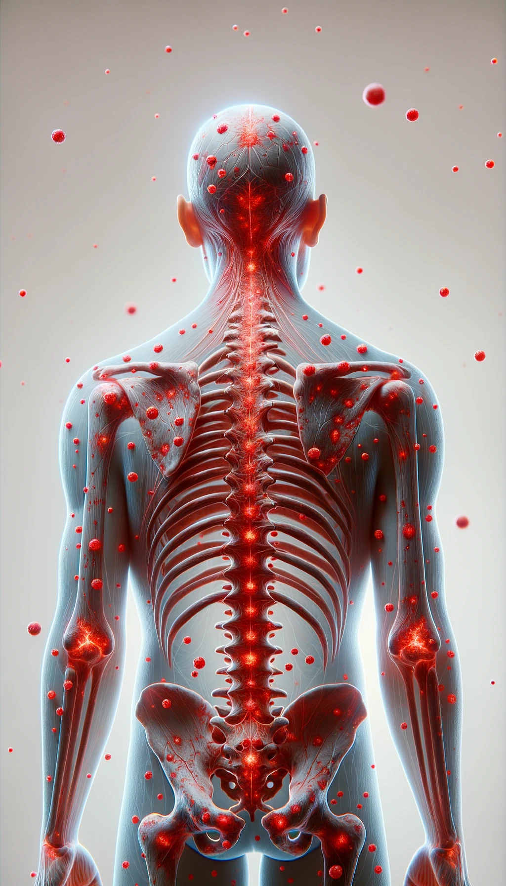 CORPO UMANO ANATOMICO CON RED SPOT DI INFIAMMAZIONE SPARSI SUL CORPO, SFONDO CHIARO, iperrealistico 4k emoji