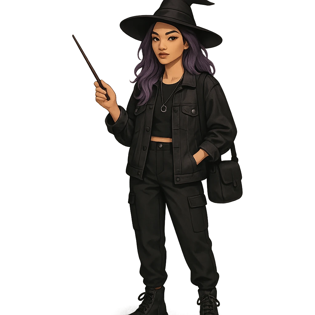 modern interpretation of a witch, youthful, purple hair, trendy clothing, urban style emoji