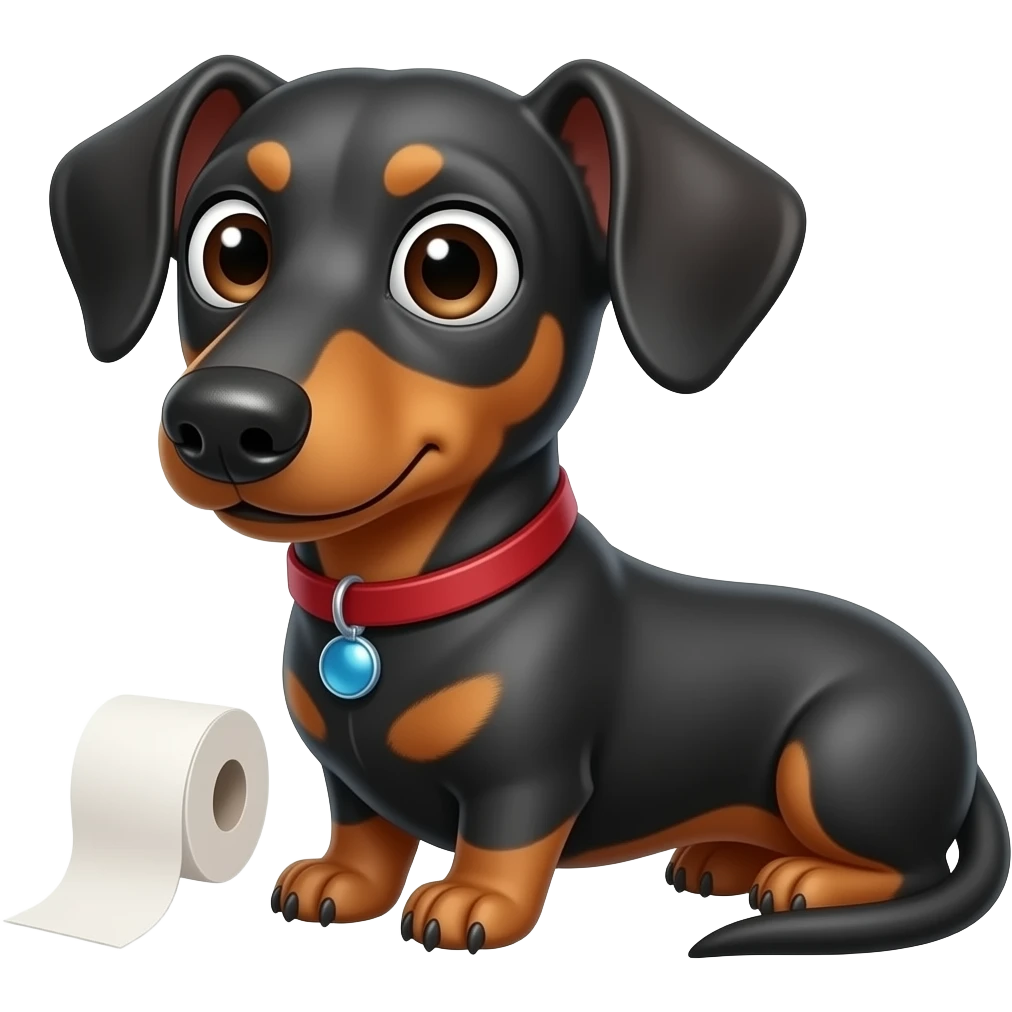 whimsical dachshund wide eyes full body sitting on a toilet paper ears up emoji