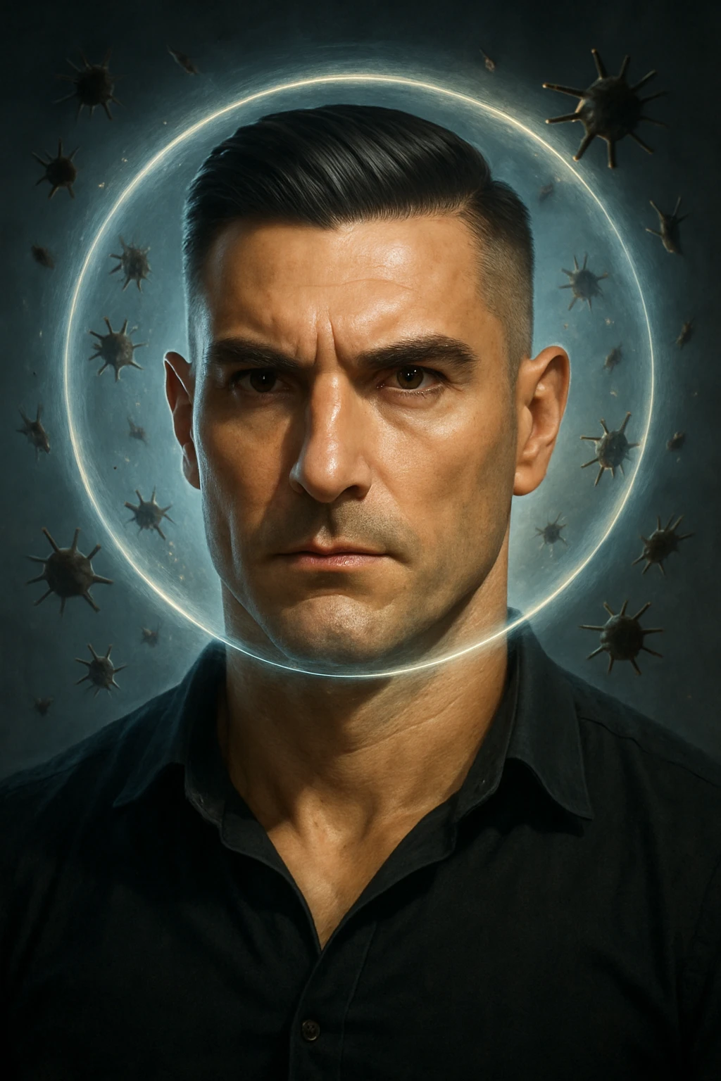 Vertical portrait of a man's face in a realistic style with a serious and confident expression. Small stylized parasites are being repelled by a transparent protective aura around the face, creating an atmosphere of health and defense. emoji