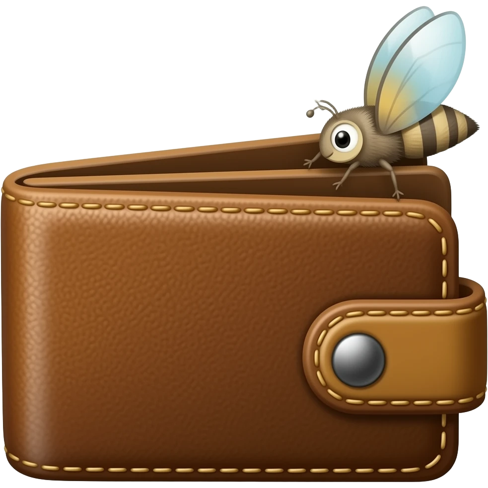 Dompet kulit kosong dengan lalat yang terbang kluar dari dalamnya emoji