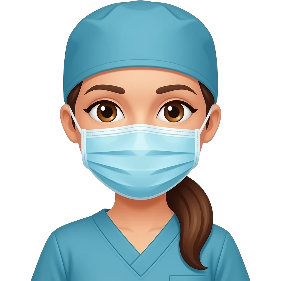Surgical tech women with brown eyes and brown long hair tied up with a cap on and mask emoji