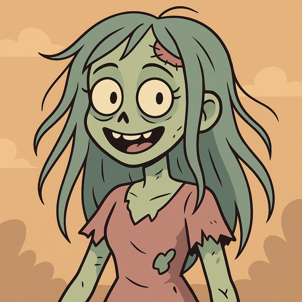 a zombie girl with long wispy hair, cute cartoon style, colorful, friendly expression emoji