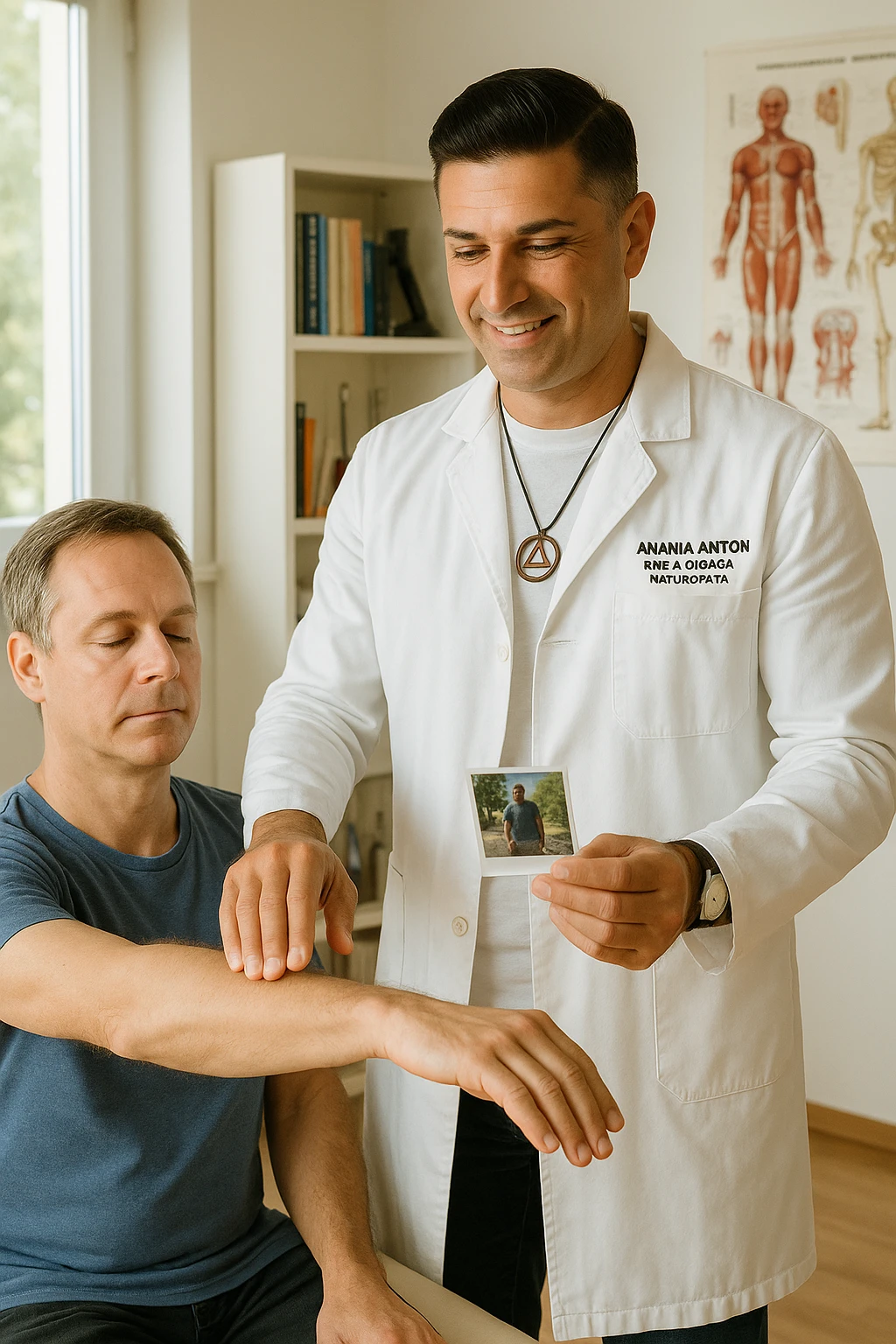 a middle-aged man, dressed in casual professional attire, is in a bright, organized therapy studio. Durante una visita di kinesiologia, il testimone tiene con una mano la foto di una persona lontana (il “testimone”) tiene la foto in mano, mentre con l’altra mano esegue un test muscolare su un cliente presente. Sullo sfondo si vedono libri di kinesiologia, poster anatomici e strumenti tipici della disciplina. L’atmosfera è concentrata e serena, con luce naturale che entra dalla finestra, sottolineando l’aspetto alternativo e umano della pratica. emoji
