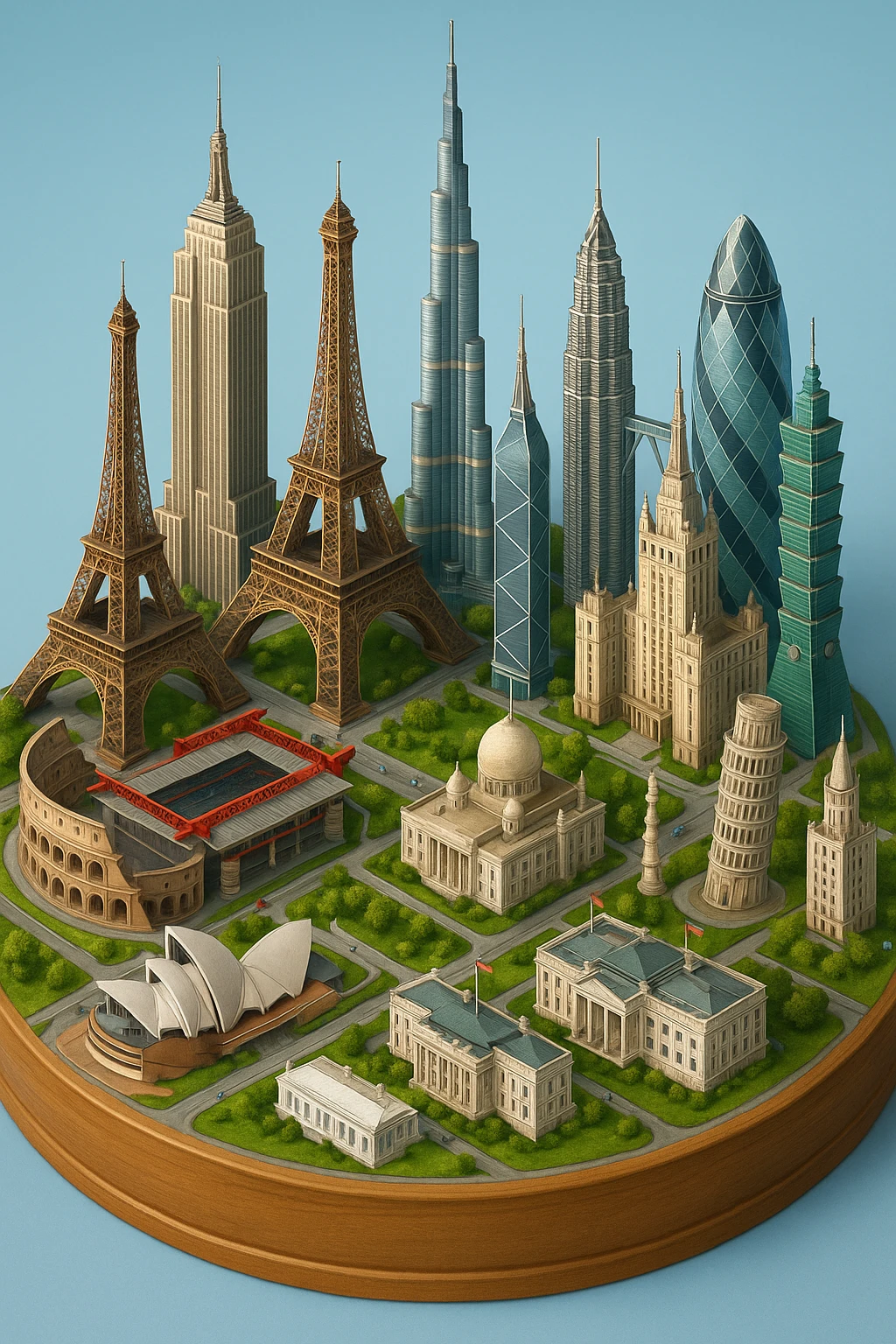 Оставь основу картинки - деревянную подставку, но при этом сгенерируй изометричная, яркая, детализированная и фотореалистичная иллюстрация где будет самые узнаваемые здания мира Эмпайр Стейт Билдинг, Эйфелева башня, Колизей, Сиднейская опера, стадион Сан-Сиро, Белый Дом Пизанская башня, здание МГУ, Бурдж-Халифа, Башни Петронас, Небоскрёб Фостера в Лондоне, Рейхстаг, Тайбэй. Здания не должны повторять и должны быть на картинке в единственном экземпляре emoji