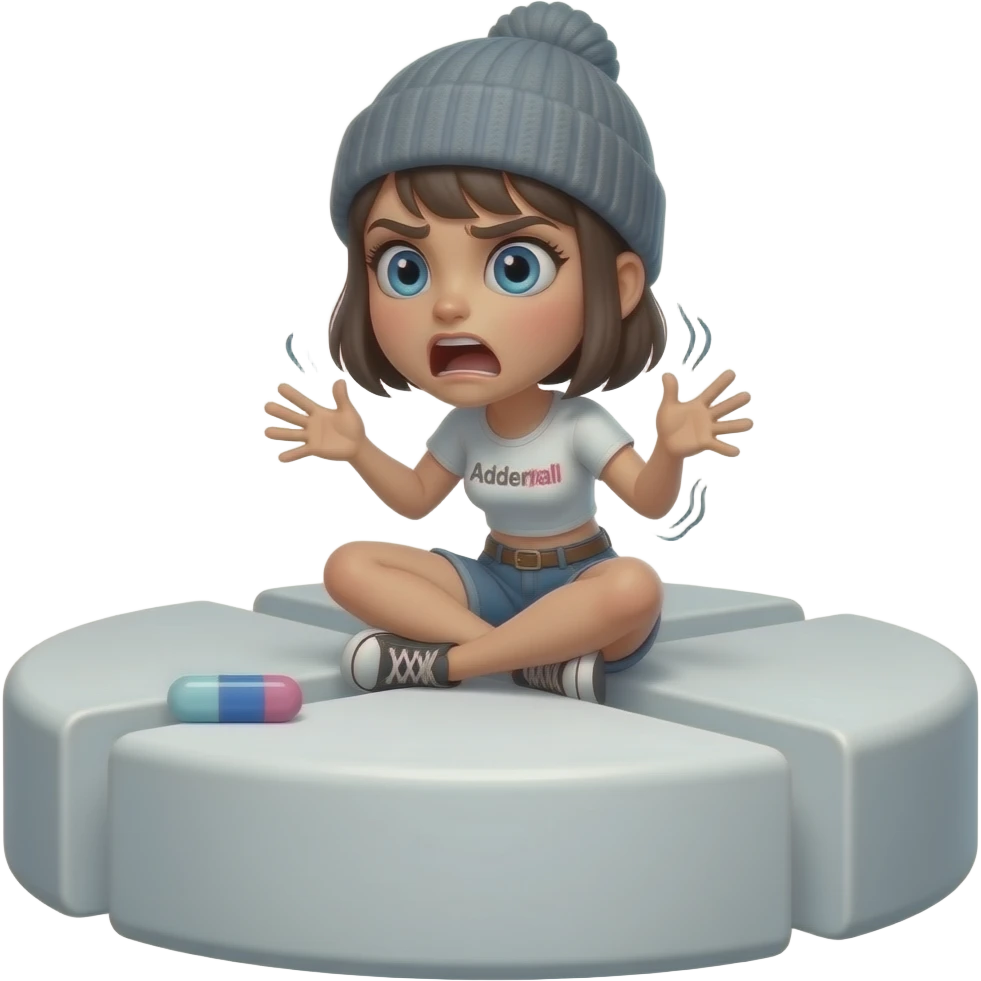 Tomgirl with short hair and beanie is shaking violently. The shakinf is indicated by a shimmering outline. She is sitting on a giant round Adderall pill.  She had one injured eye and looks shocked. emoji