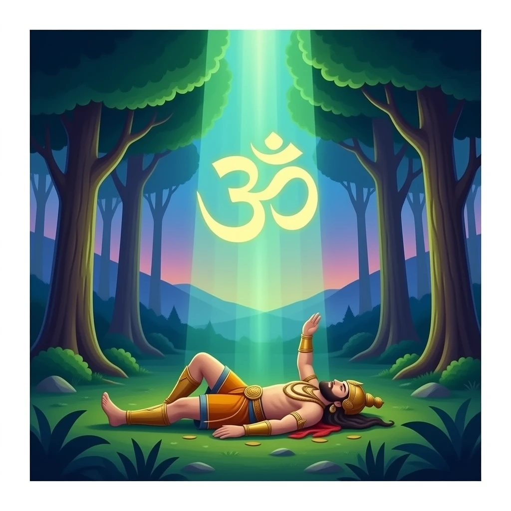 Blessing of Lord Shiva, a radiant, soothing green light descending, healing a fallen warrior, symbol of Om, divine aura, mystical forest background, mystical skill style. emoji
